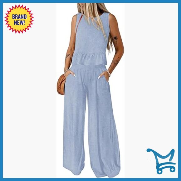 Pants - Women's 2 Piece Set Sleeveless Tank Top Wide Leg Pants Elastic Waist